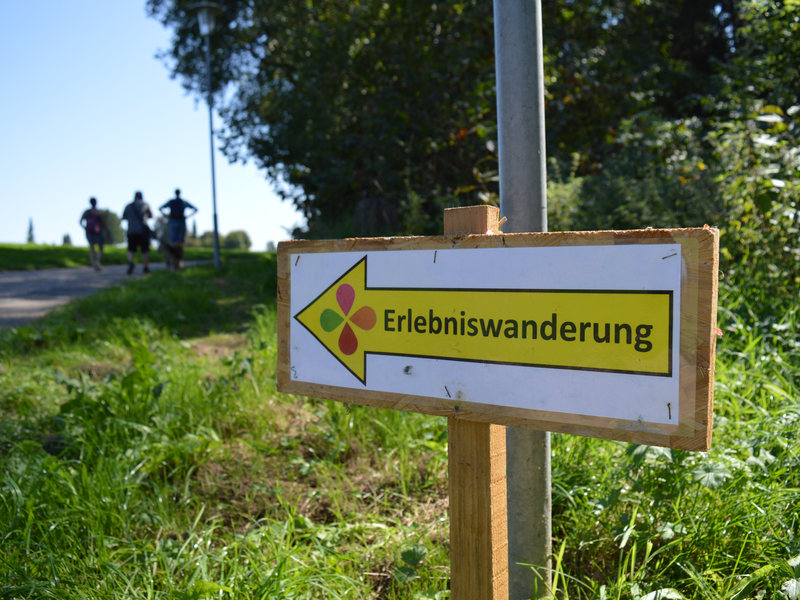 Schild im Vordergrund mit der Aufschrift Erlebniswandern