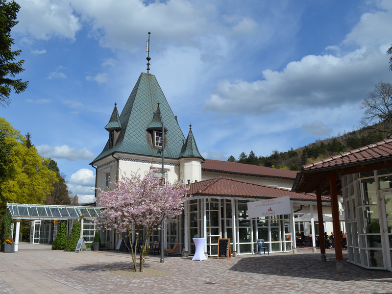 Zu sehen ist links im Bild ein von außen Kurhaus und rechts angeschnitten im Vordergrund ein verglaster Trinkpavillon.